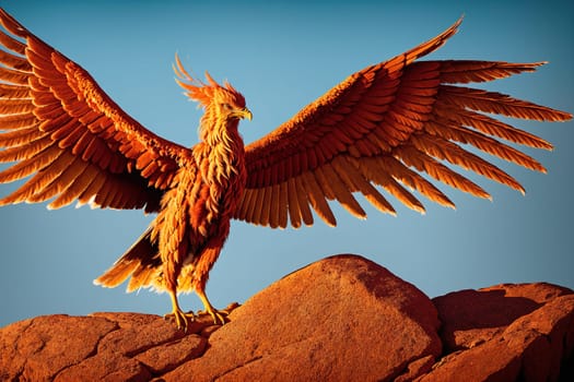 The image depicts a large, golden bird with outstretched wings perched on top of a rocky outcropping, looking out over the landscape.