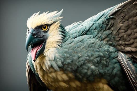 The image is a colorful illustration of a bird with a large beak and sharp talons perched on a rock.