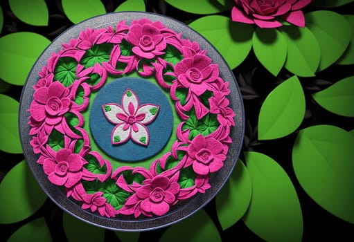 The image is a pink and green floral wreath with a white flower in the center surrounded by leaves and vines.