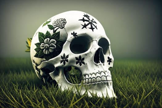 The image is a skull with flowers and leaves on its head, lying on a grassy field.