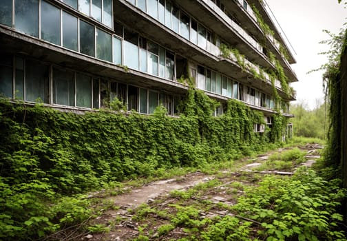 The image shows a dilapidated, abandoned building with overgrown vegetation and broken windows.