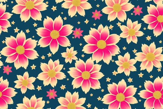 The image is a floral pattern with pink and white flowers on a gray background.