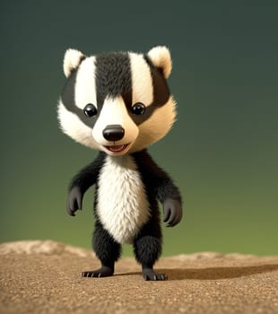 The image is of a cartoon badger standing on a sandy beach, looking up at the sky with its big brown eyes.