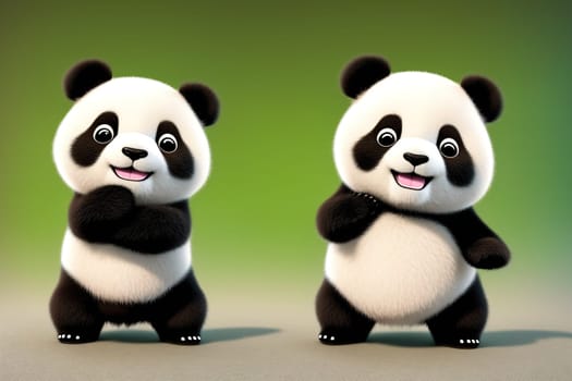 The image shows two panda bears standing next to each other, one with a smile and the other with a frown.