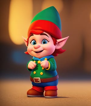 The image shows a small, green elf wearing a red hat and a green shirt, standing in front of a city skyline.