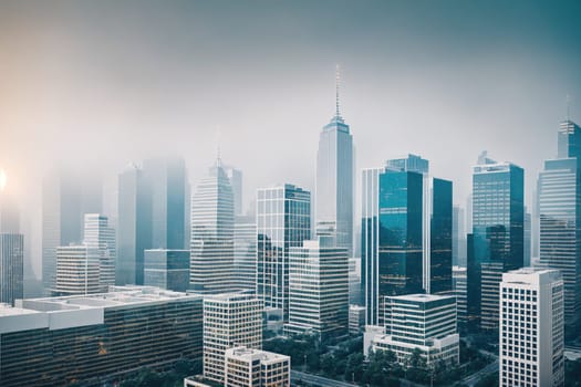The image shows a foggy cityscape with tall skyscrapers in the background.
