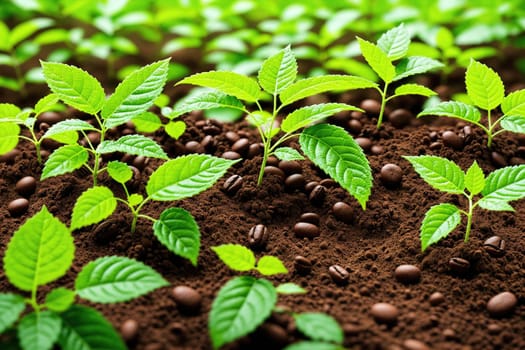 The image shows a field of coffee plants growing in the soil, with green leaves and brown beans.