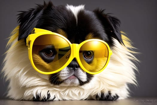 The image shows a small black and white dog wearing sunglasses and sitting on a table.