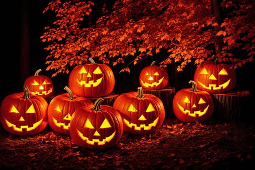 The image shows a group of pumpkins sitting on the ground in front of a tree with orange leaves.