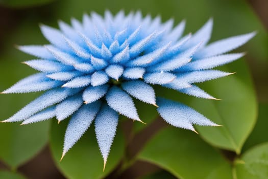 The image is a close-up of a blue flower with delicate petals and green leaves.