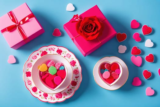 The image shows a pink heart-shaped dish filled with colorful heart-shaped candies and surrounded by other heart-shaped decorations on a blue background.