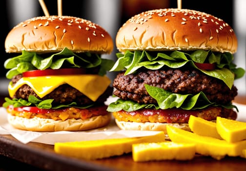 The image shows two hamburgers with cheese, lettuce, and tomatoes on a plate with a side of fries.
