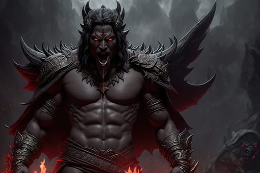 The image depicts a demonic figure standing in the middle of a dark and eerie landscape, surrounded by flames and smoke.