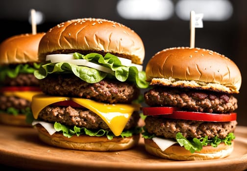 The image shows four hamburgers on a wooden cutting board with lettuce, tomato, cheese, and sauce.