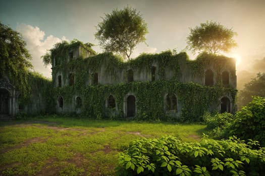 The image shows an old, abandoned building with overgrown vines and moss covering the walls and windows, surrounded by a lush green forest.
