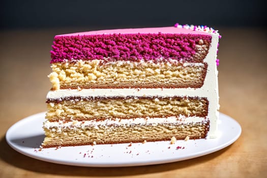 The image is a white cake with pink frosting and sprinkles on top.