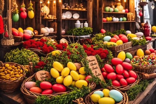 The image shows a colorful and festive market stall filled with baskets of eggs, flowers, and other Easter decorations.