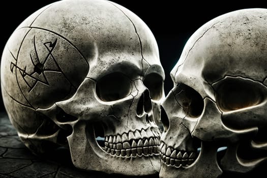 The image shows two skulls sitting on top of each other, with one skull facing up and the other facing down.