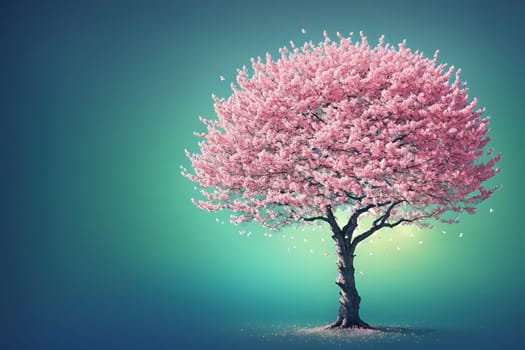 The image is a pink cherry blossom tree standing alone on a green grassy field with a blue sky background.
