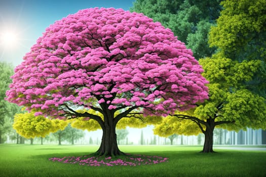 The image depicts a pink cherry blossom tree standing alone in a grassy field with no other trees or objects in sight.