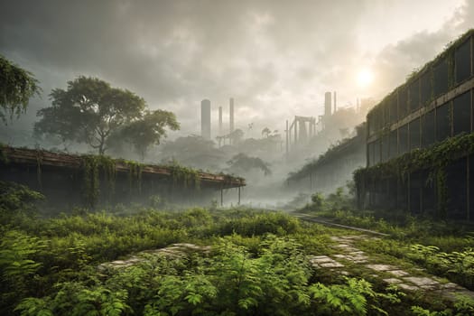 The image shows a misty, abandoned industrial area with overgrown vegetation and crumbling buildings.