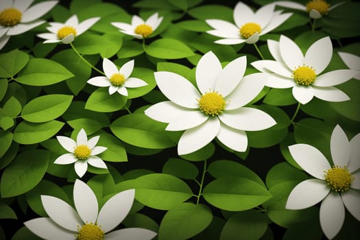The image depicts a group of white flowers on a green background.