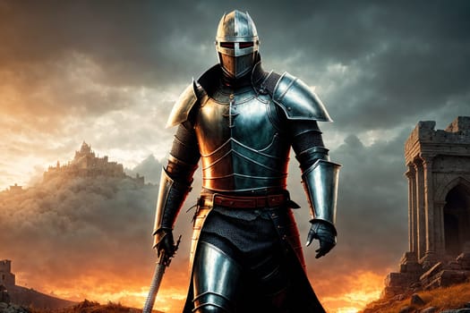 The image shows a knight in armor standing on a rocky cliff overlooking a vast landscape with mountains in the background.