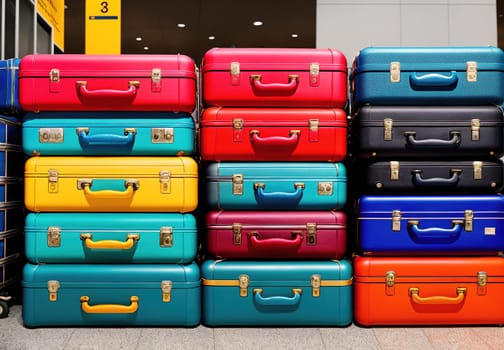 The image shows a group of colorful suitcases stacked on top of each other in a dimly lit room.