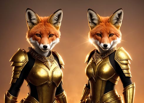 The image shows two foxes wearing armor and standing in front of each other, with one fox looking directly at the camera and the other looking away.