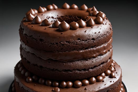The image is a chocolate cake with frosting and decorations on top.