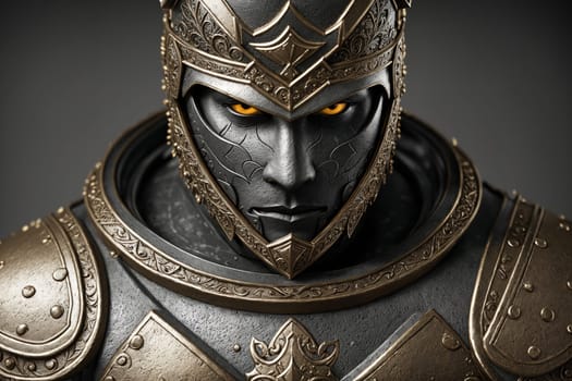 The image is a close-up of a knights helmet with a crown on top, made of gold and silver metal, with intricate details and designs on the helmets surface.