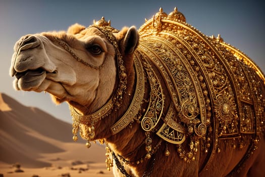 The image depicts a camel standing in the desert, wearing ornate gold and silver decorations on its head and neck.