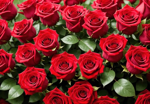 The image is a red rose bouquet with a green background.