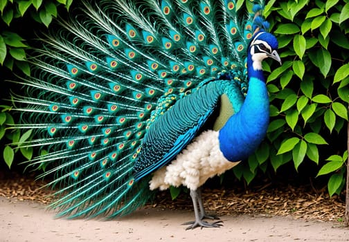 The image is of a peacock standing on the ground with its feathers spread out.