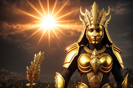 The image depicts a mythical warrior standing in a field of sunflowers, wearing a golden armor and holding a sword in one hand and a shield in the other.