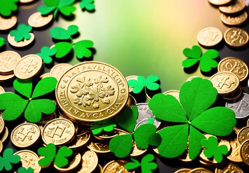 The image shows a pile of coins with shamrocks on top, surrounded by green leaves.