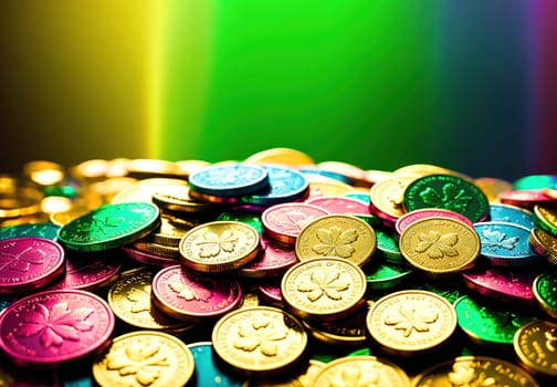 The image shows a pile of colorful coins with different denominations and designs, some of which are shiny and some of which are not.