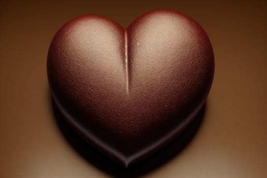 The image is a heart-shaped chocolate candy on a brown background.