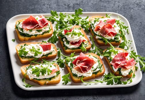 The image shows a tray filled with small sandwiches topped with ham, cheese, and lettuce.