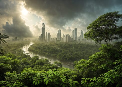 The image shows a dense jungle with tall trees and lush vegetation, with a river running through it and a city visible in the distance.