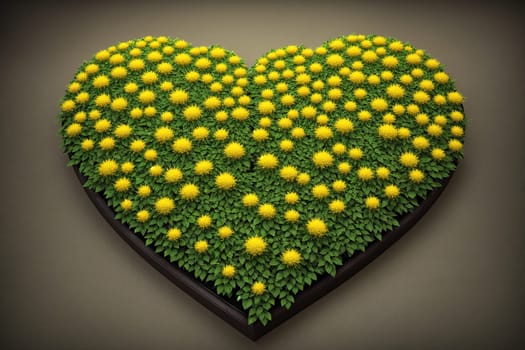 The image is a heart-shaped flower arrangement made up of yellow flowers with green leaves.