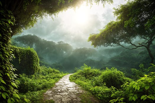 The image depicts a dirt path winding through a dense jungle with tall trees on either side, their leaves rustling in the wind.