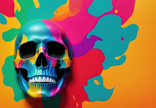 The image is a colorful, abstract representation of a skull with a vibrant, swirling background.
