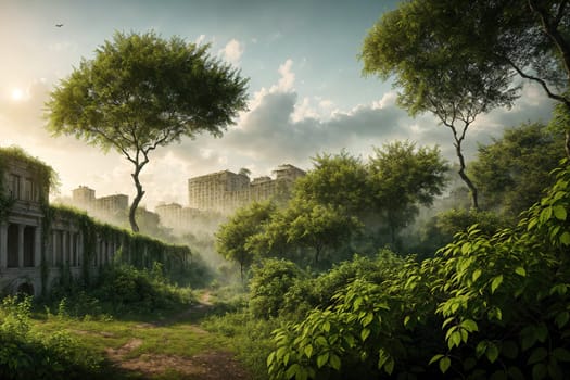 The image shows a deserted, overgrown city street lined with crumbling buildings and trees growing out of the rubble.