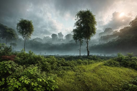 The image shows a dense forest with tall trees, bushes, and grass on a foggy day.