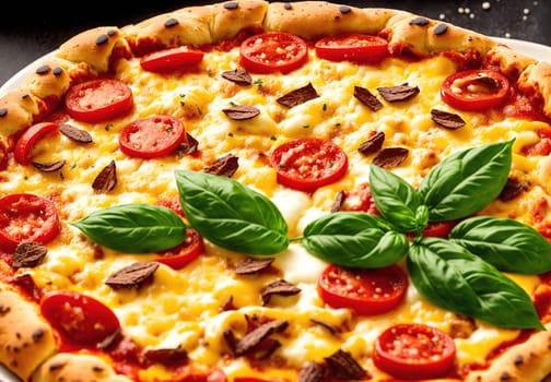The image is a pizza with various toppings such as tomatoes, mushrooms, and basil on a black background.
