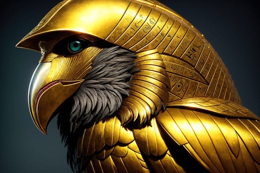 The image is a golden statue of a bird with a large beak and sharp talons.
