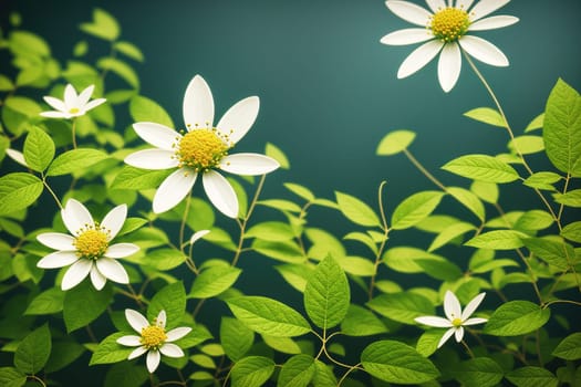The image shows a group of white flowers with green leaves and stems growing on a green background.