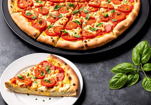 The image shows a pizza with tomato sauce, mozzarella cheese, and basil leaves on a white plate.