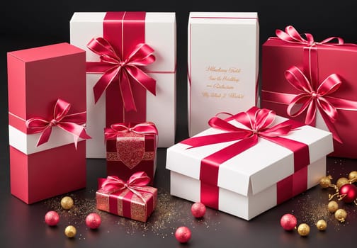 The image is a set of pink gift boxes with gold ribbons and bows on top, surrounded by a white background.